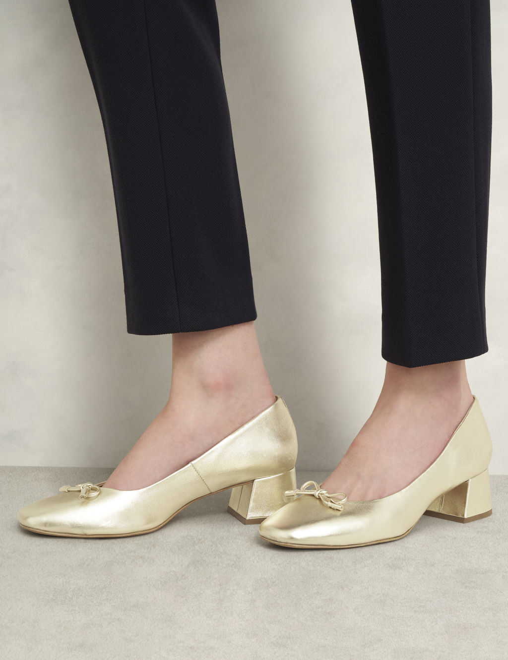 Leather Metallic Block Heel Ballet Pumps