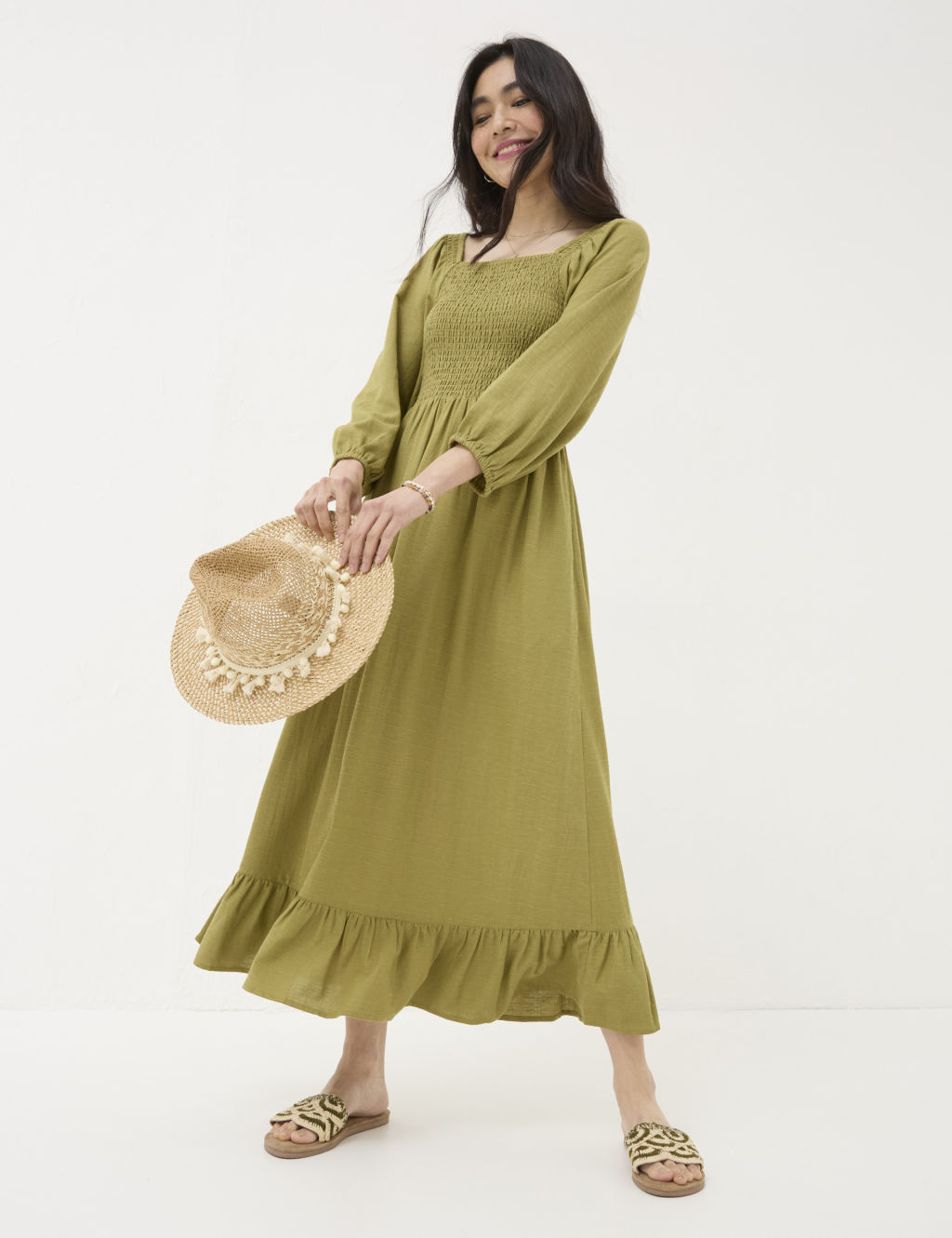 Square Neck Midi Shirred Dress with Linen