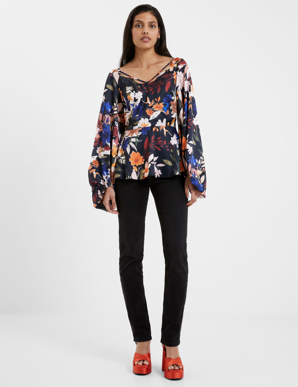 Satin Floral Waisted Blouson Sleeve Blouse 3 of 4