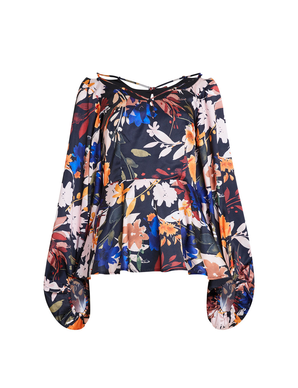 Satin Floral Waisted Blouson Sleeve Blouse 1 of 4