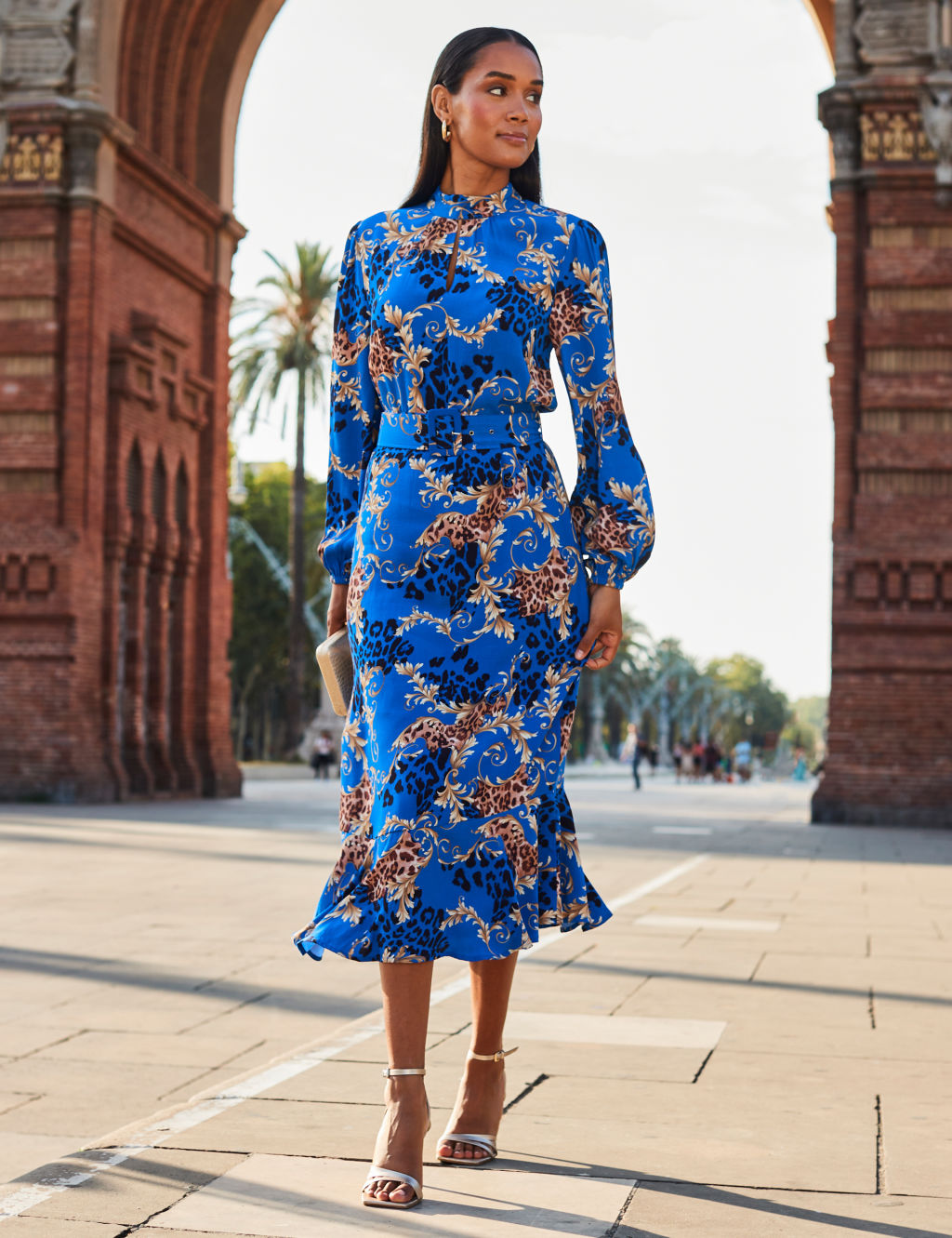 Printed High Neck Belted Midi Waisted Dress