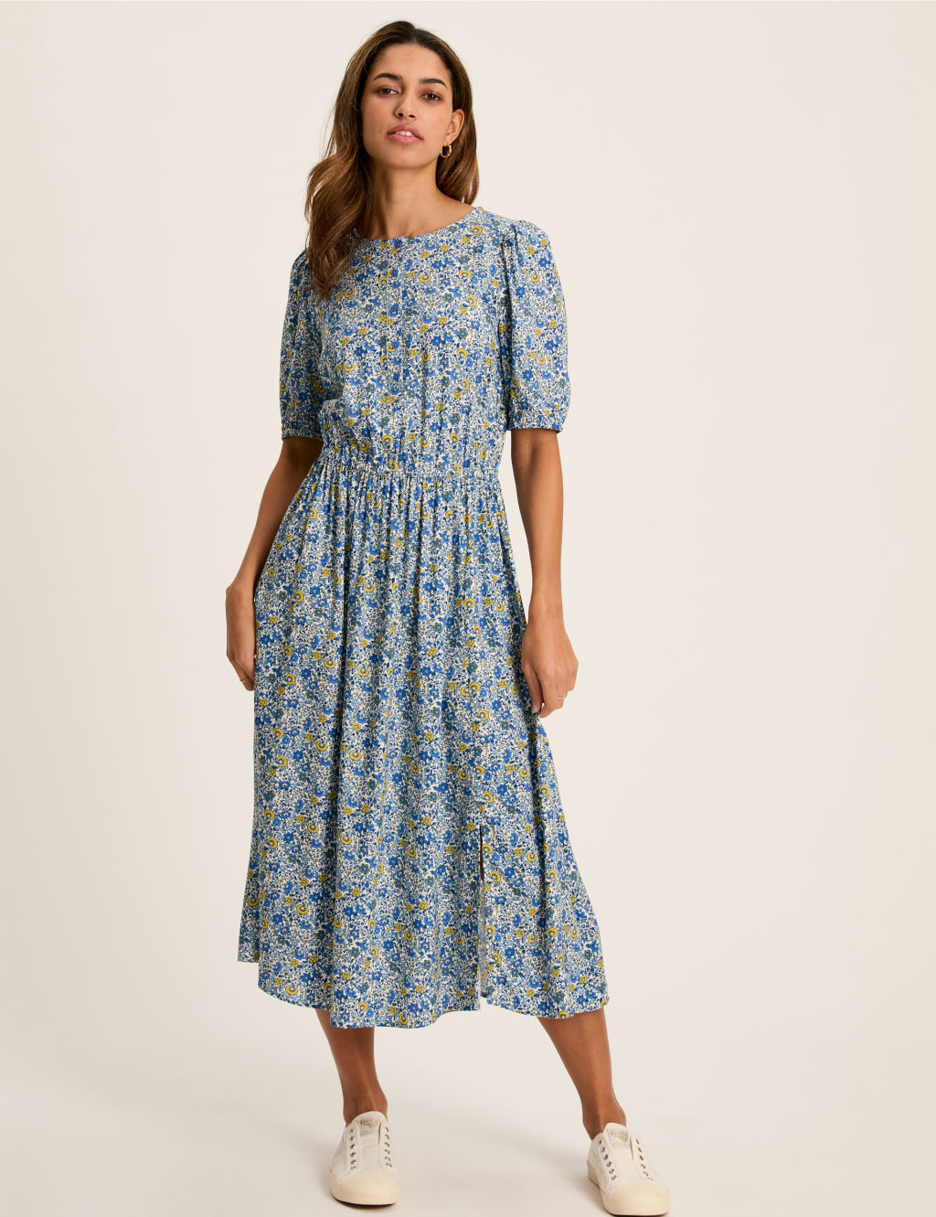 Pure Cotton Floral Midi Waisted Dress