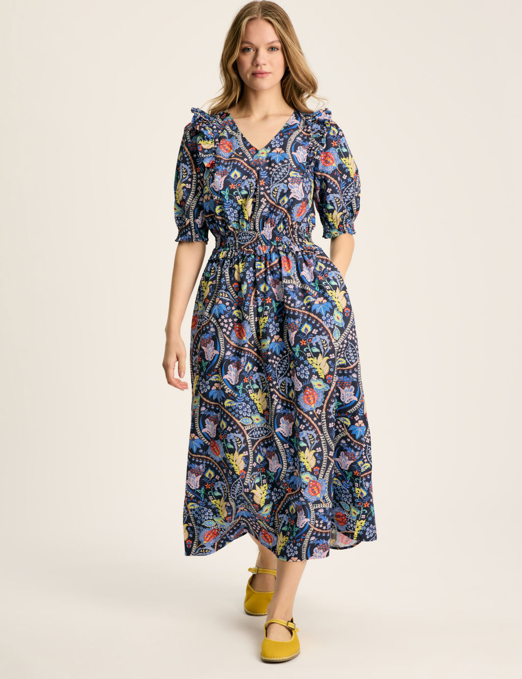 Pure Cotton Printed V-Neck Midaxi Dress