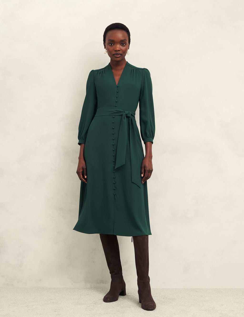 V-Neck Tie Detail Midi Waisted Dress