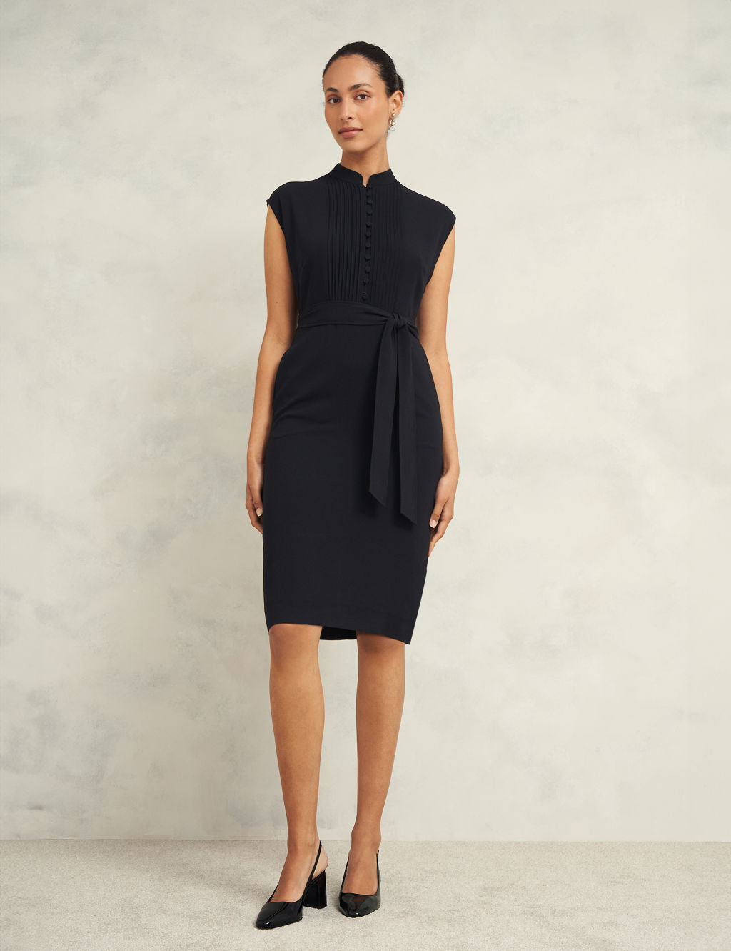 High Neck Belted Knee Length Bodycon Dress