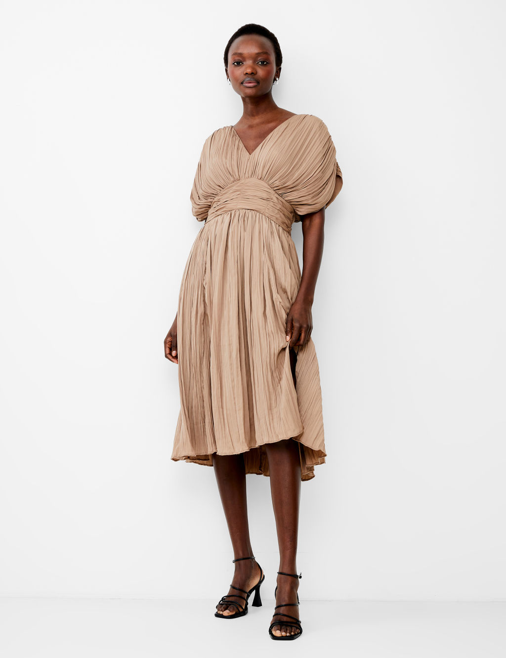 Plisse V-Neck Midi Waisted Dress