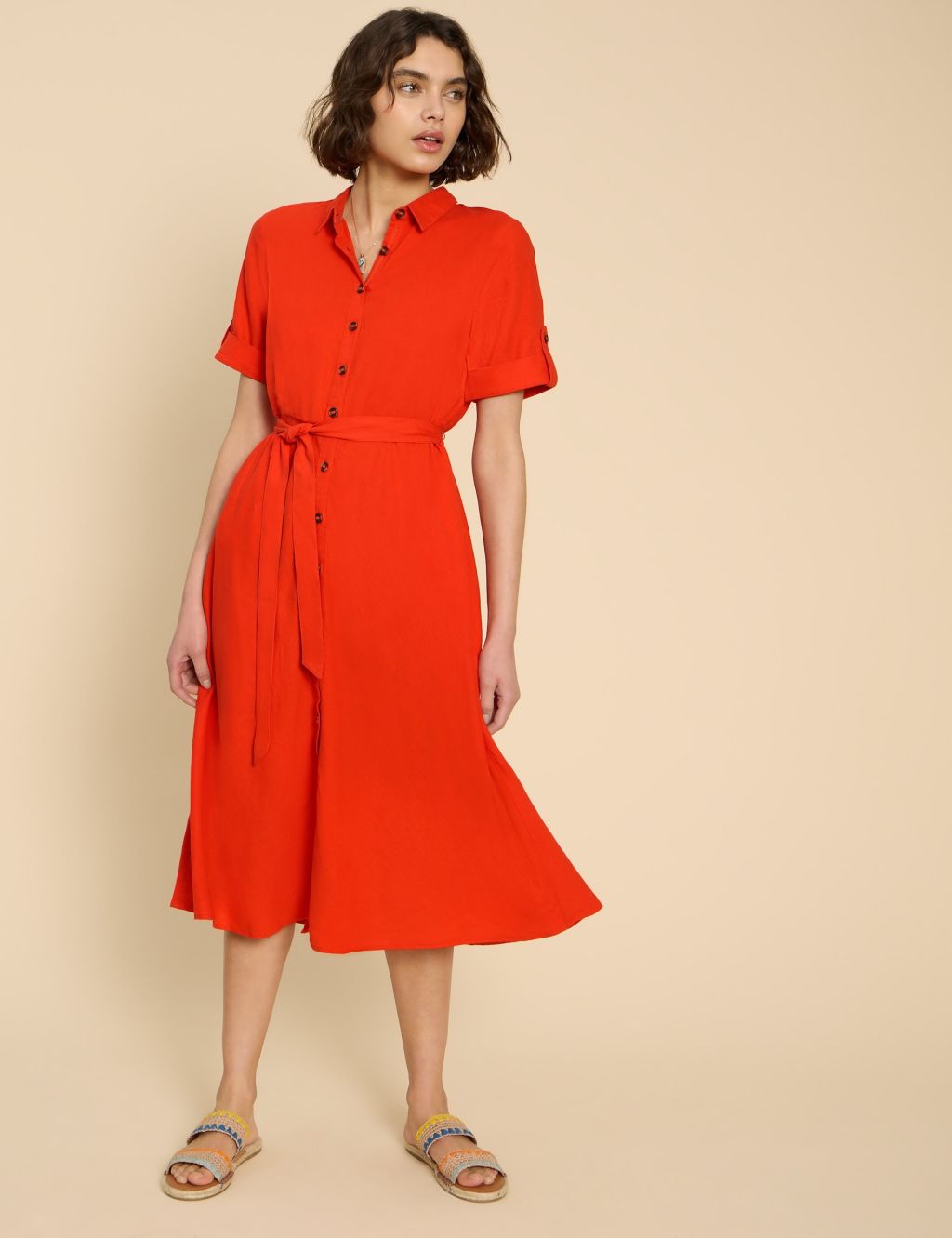 Cotton Blend Belted Midi Shirt Dress