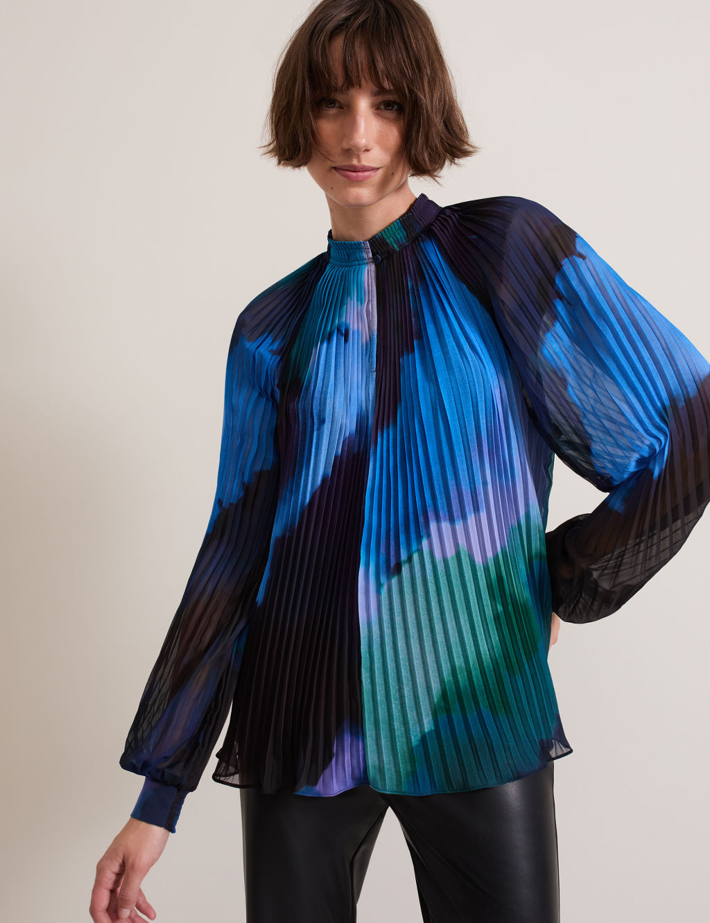 Abstract Pleated Funnel Neck Blouse