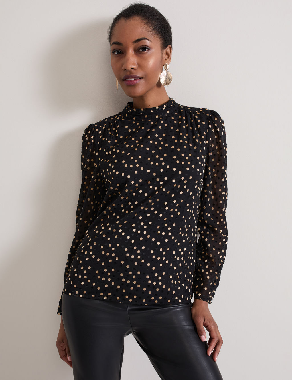 Jacquard Polka Dot Blouson Sleeve Blouse