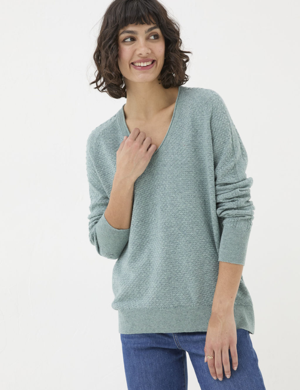 V-Neck Textured Jumper with Wool