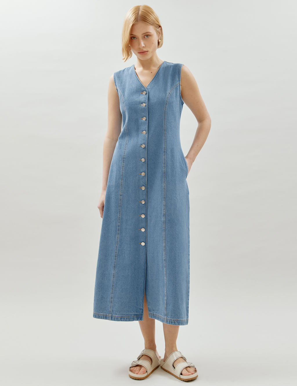 Denim Button Through Midaxi Waisted Dress