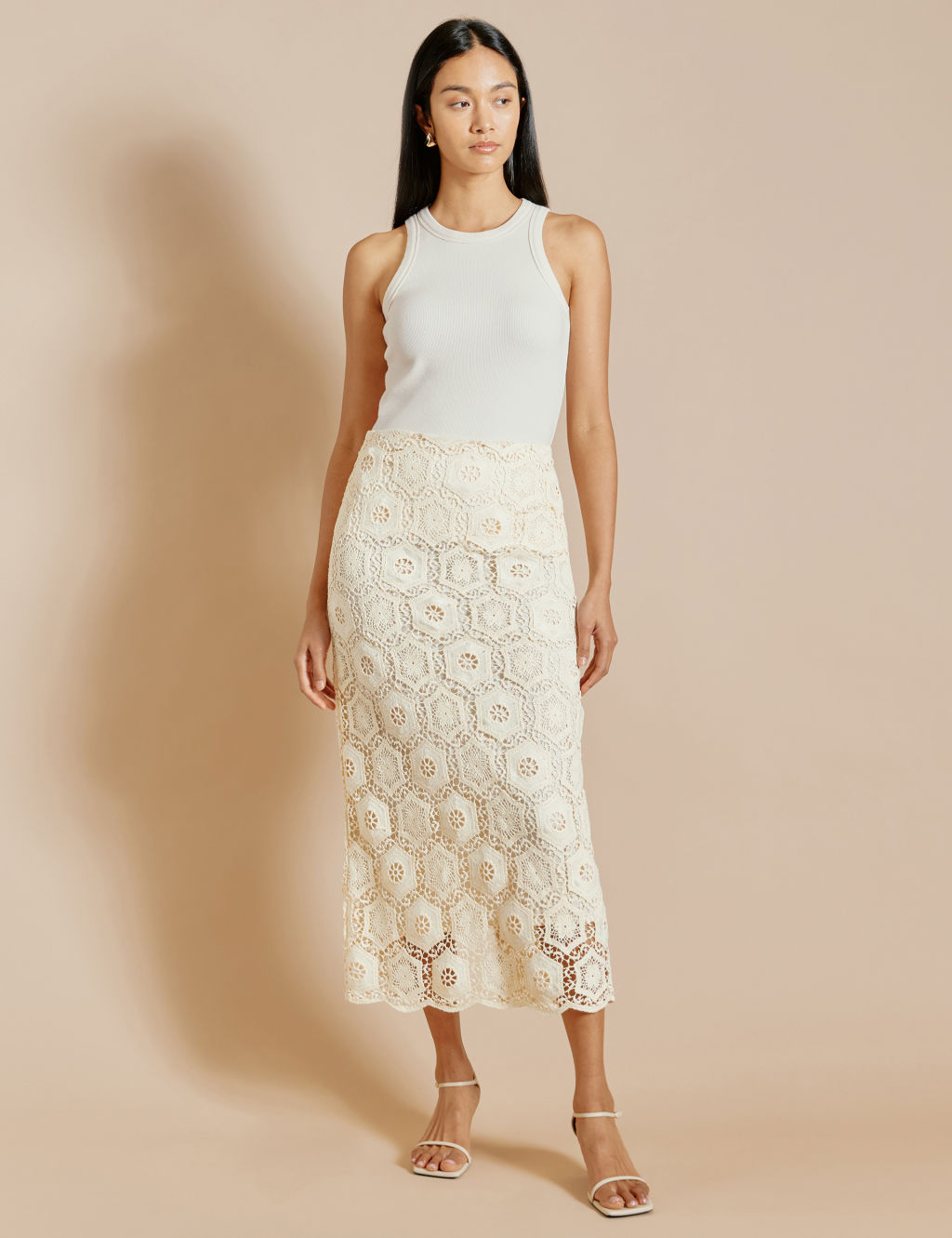 Cotton Blend Crochet Midaxi Pencil Skirt