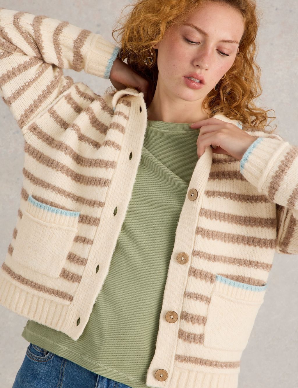 Striped Collared Cardigan With Wool