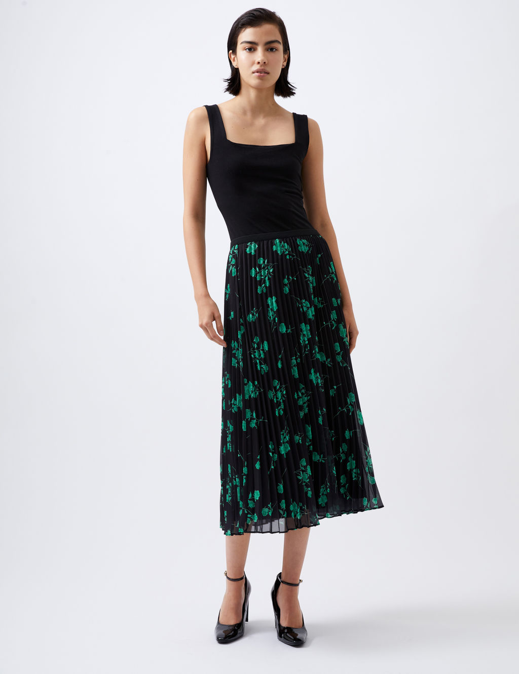 Floral Print Pleated Midi Skirt