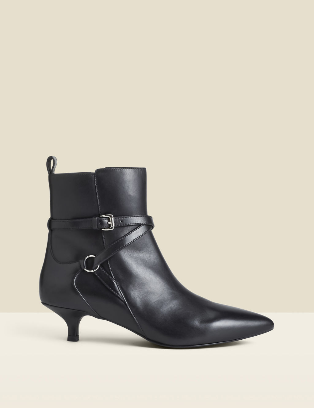 Leather Strap Kitten Heel Ankle Boots