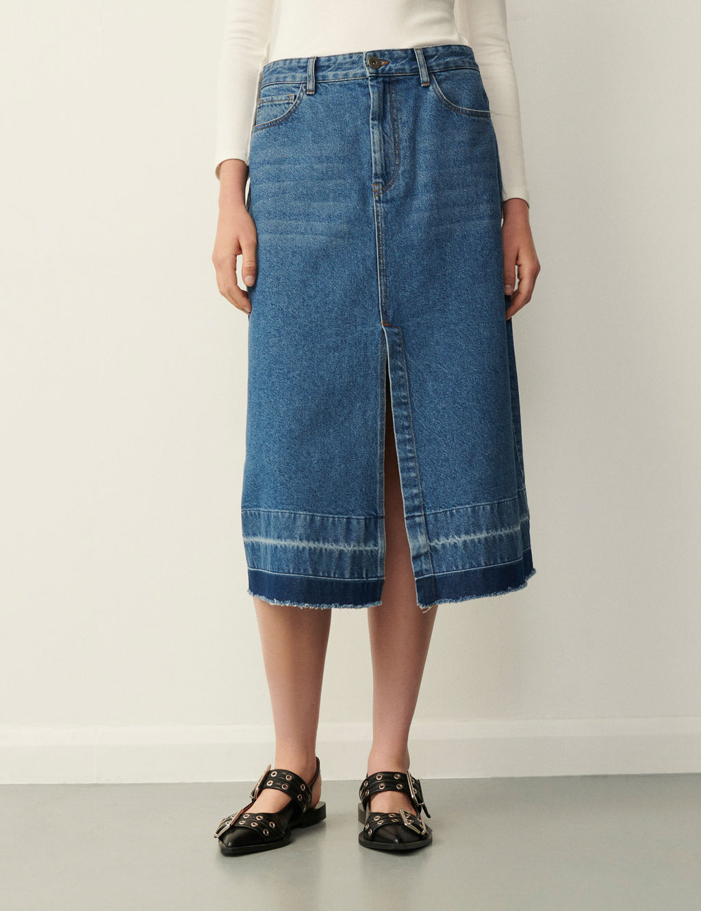 Denim Split Front Midi A-Line Skirt 1 of 3