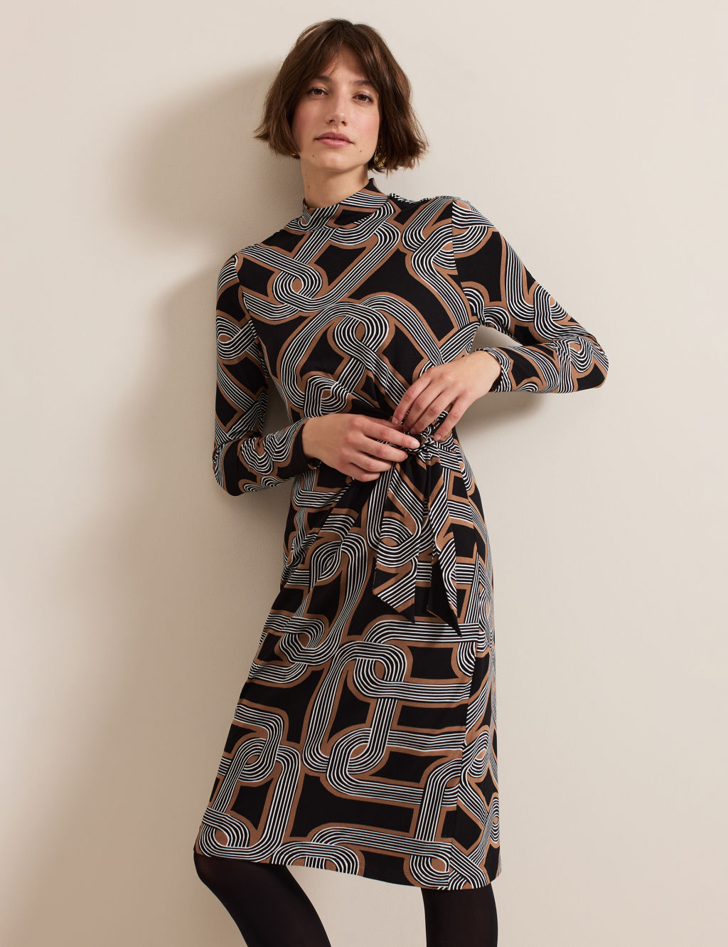 Jersey Knot Print Funnel Neck Midi Dress