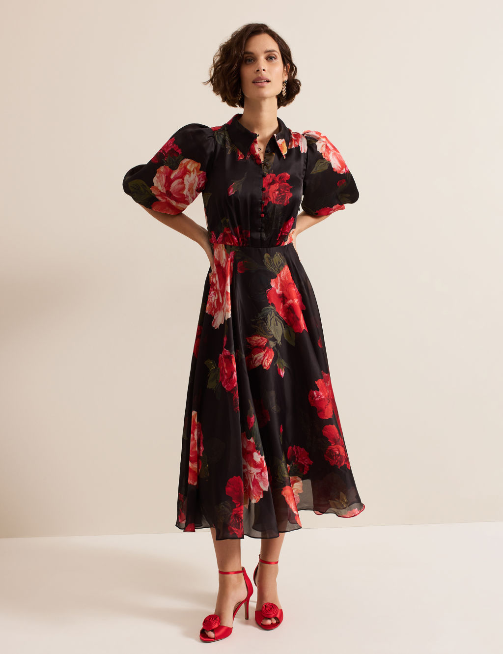 Floral Puff Sleeve Midi Shirt Dress
