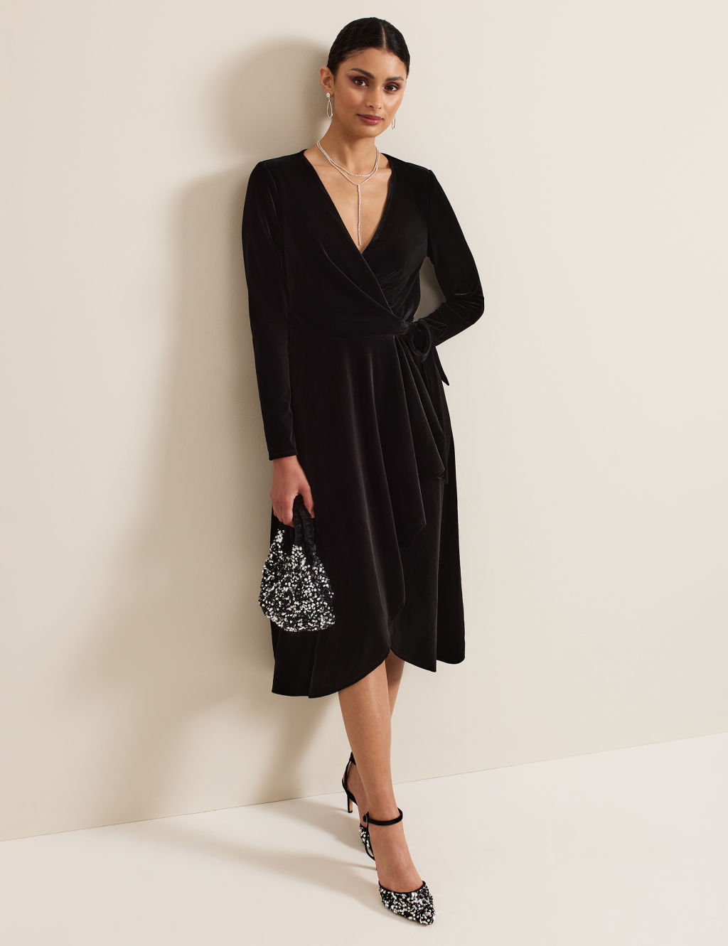 Velvet V-Neck Tie Waist Midi Wrap Dress