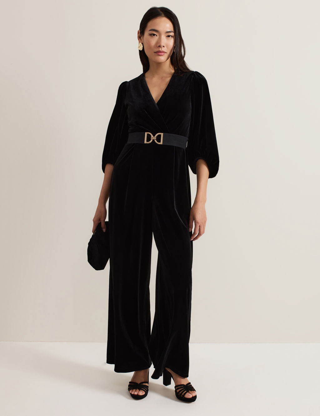 Velvet Belted 3/4 Sleeve Wide Leg Jumpsuit
