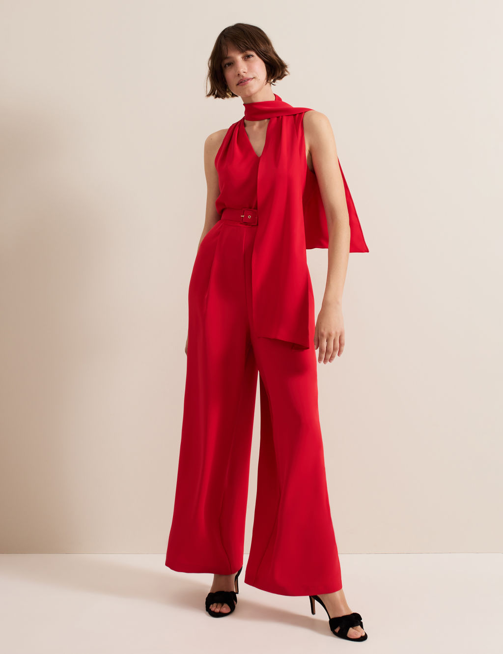 Belted Tie Neck Sleeveless Jumpsuit