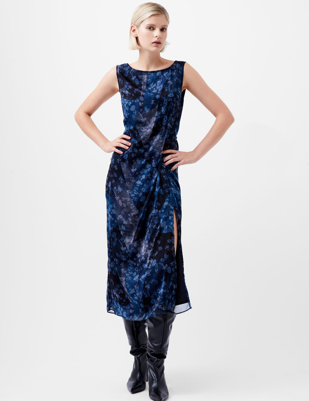 Floral Textured Tie Waist Midi Waisted Dress