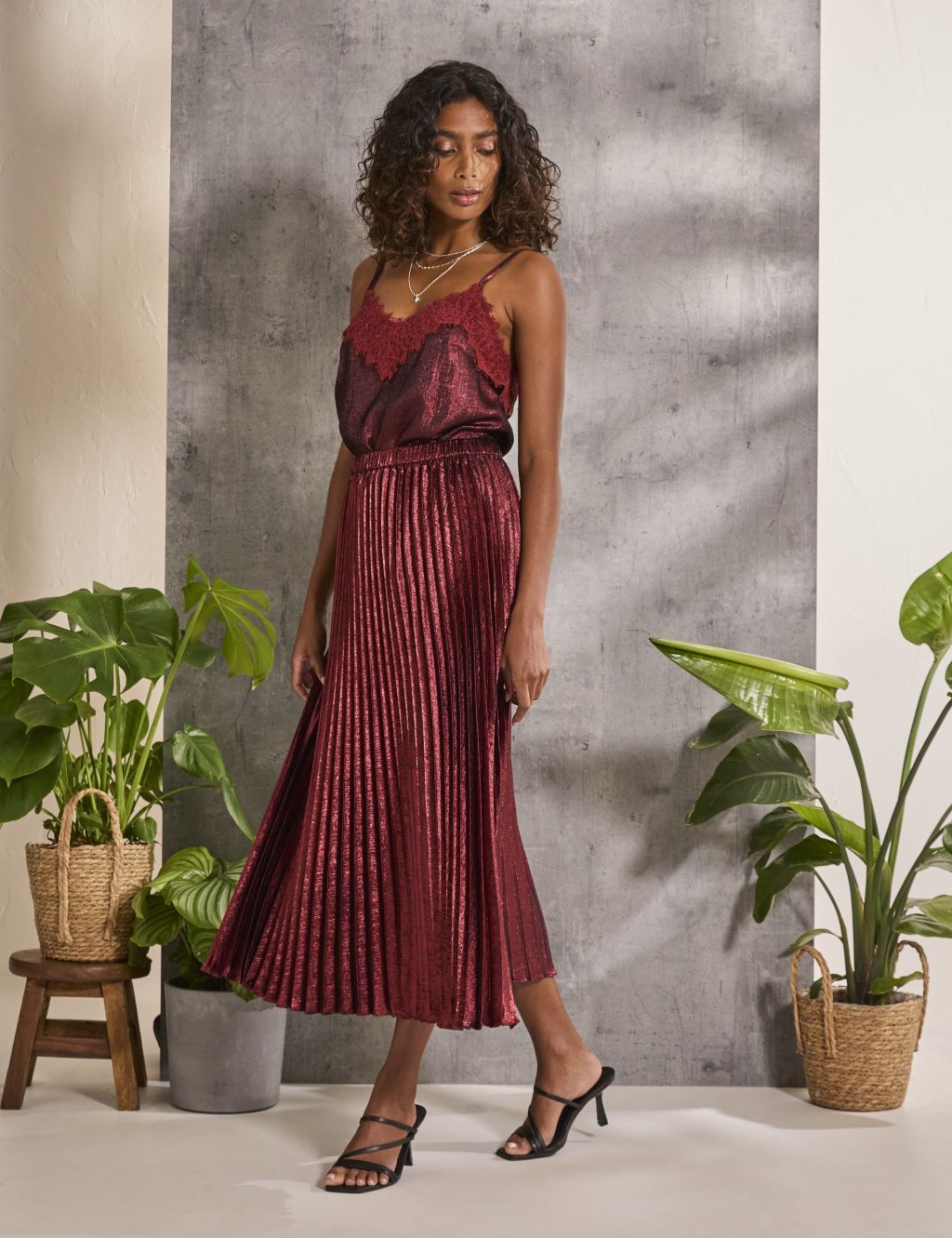 Metallic Pleated Midi Skirt