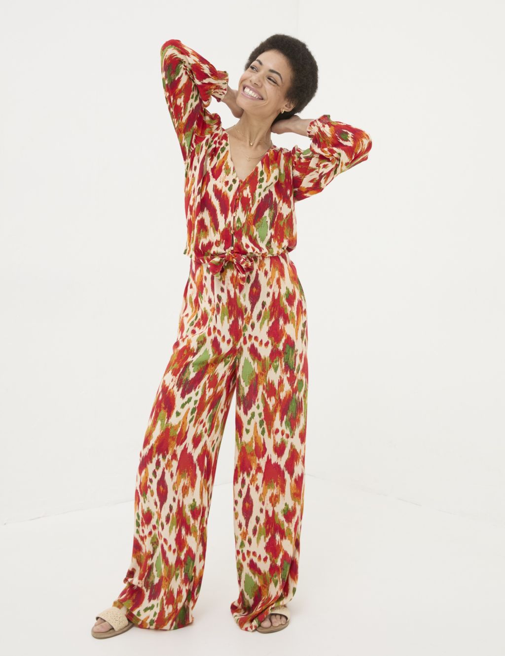 Print Elasticated Waist Wide Leg Trousers