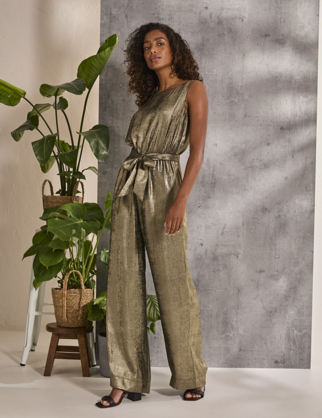 Metallic Tie Detail Wide Leg Jumpsuit