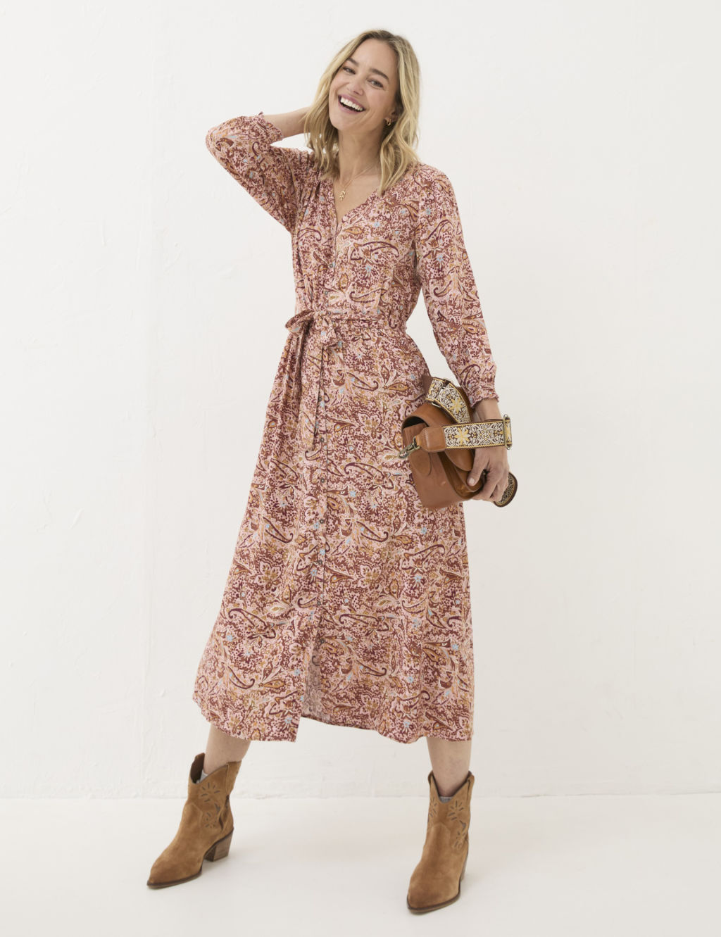 Paisley V-Neck Tie Detail Midi Dress