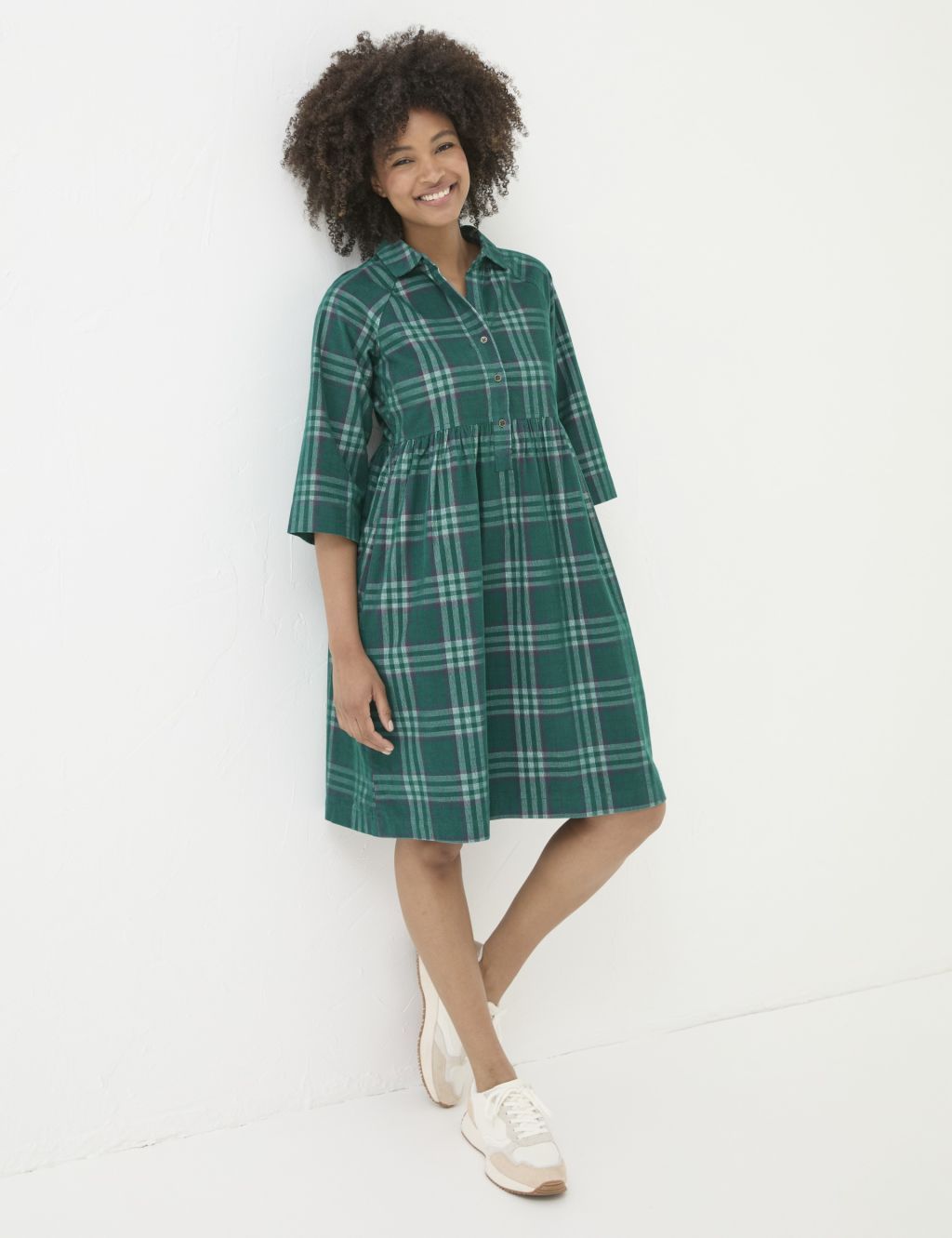 Pure Cotton Cord Checked Mini Shirt Dress