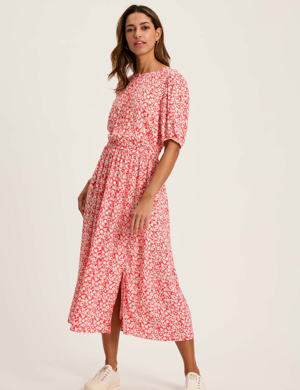 Floral Round Neck Midi Waisted Dress