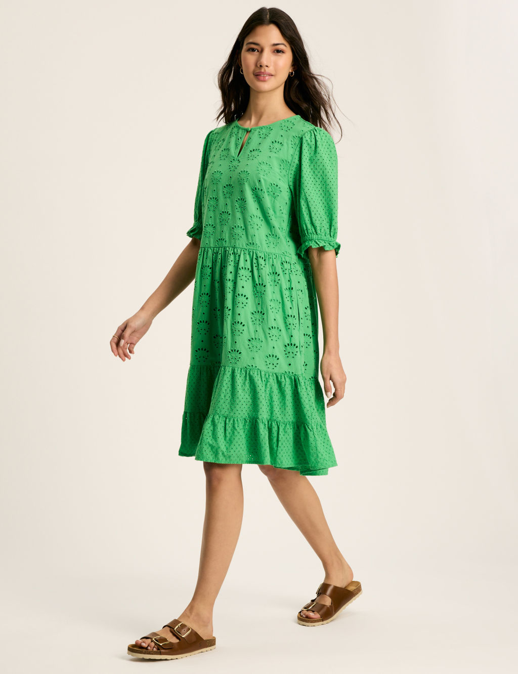 Pure Cotton Broderie Knee Length Tiered Dress