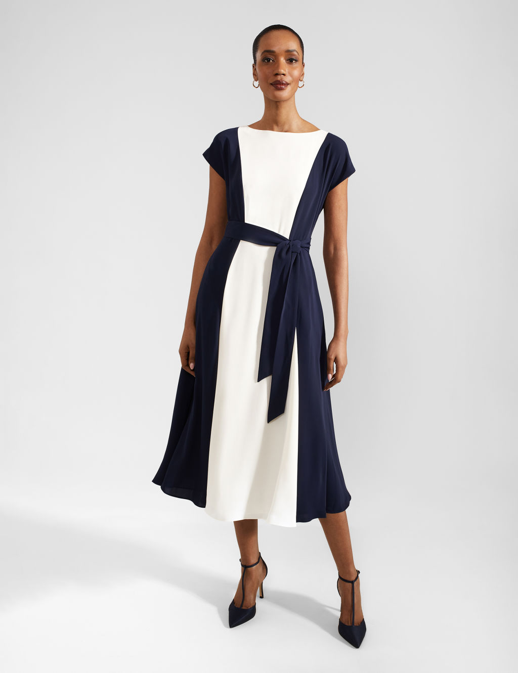 Colour Block Slash Neck Midi Waisted Dress