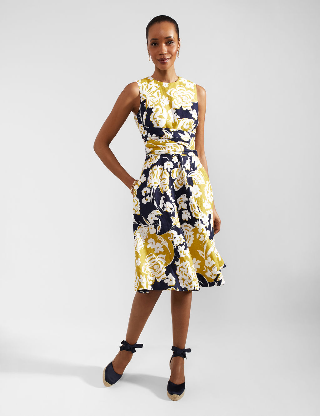 Pure Linen Floral Midi Waisted Dress