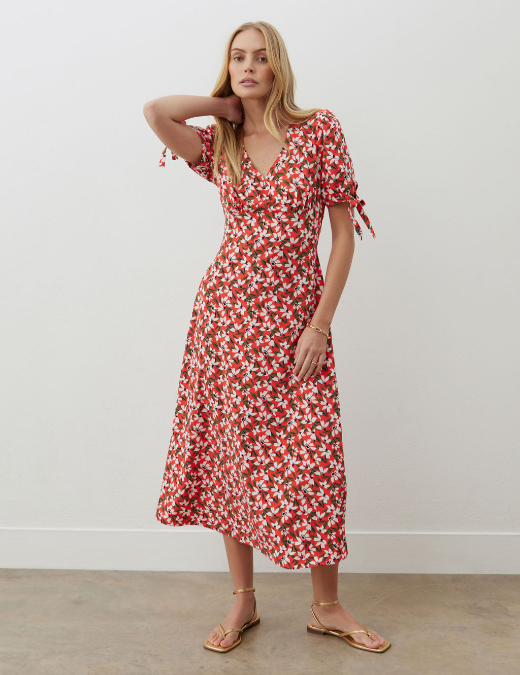 Floral V-Neck Tie Sleeve Midi Tea Dress