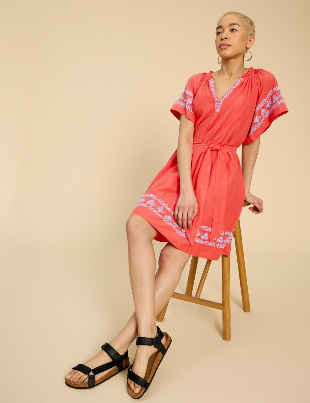 Pure Cotton Embroidered V-Neck Smock Dress