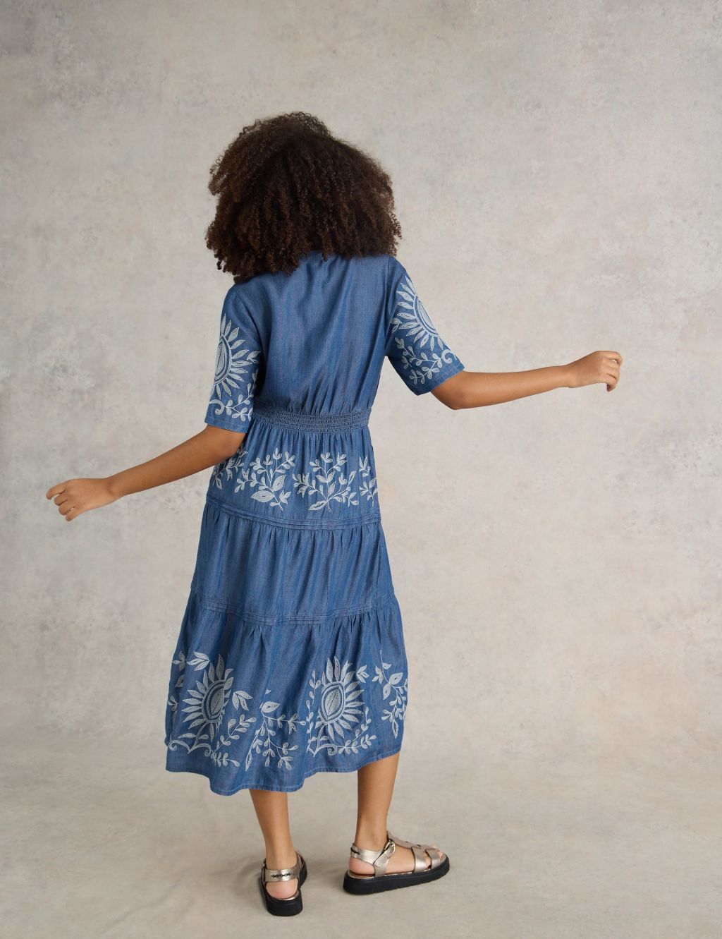 Pure Lyocell™ Denim Embroidered Midi Tiered Dress 2 of 6