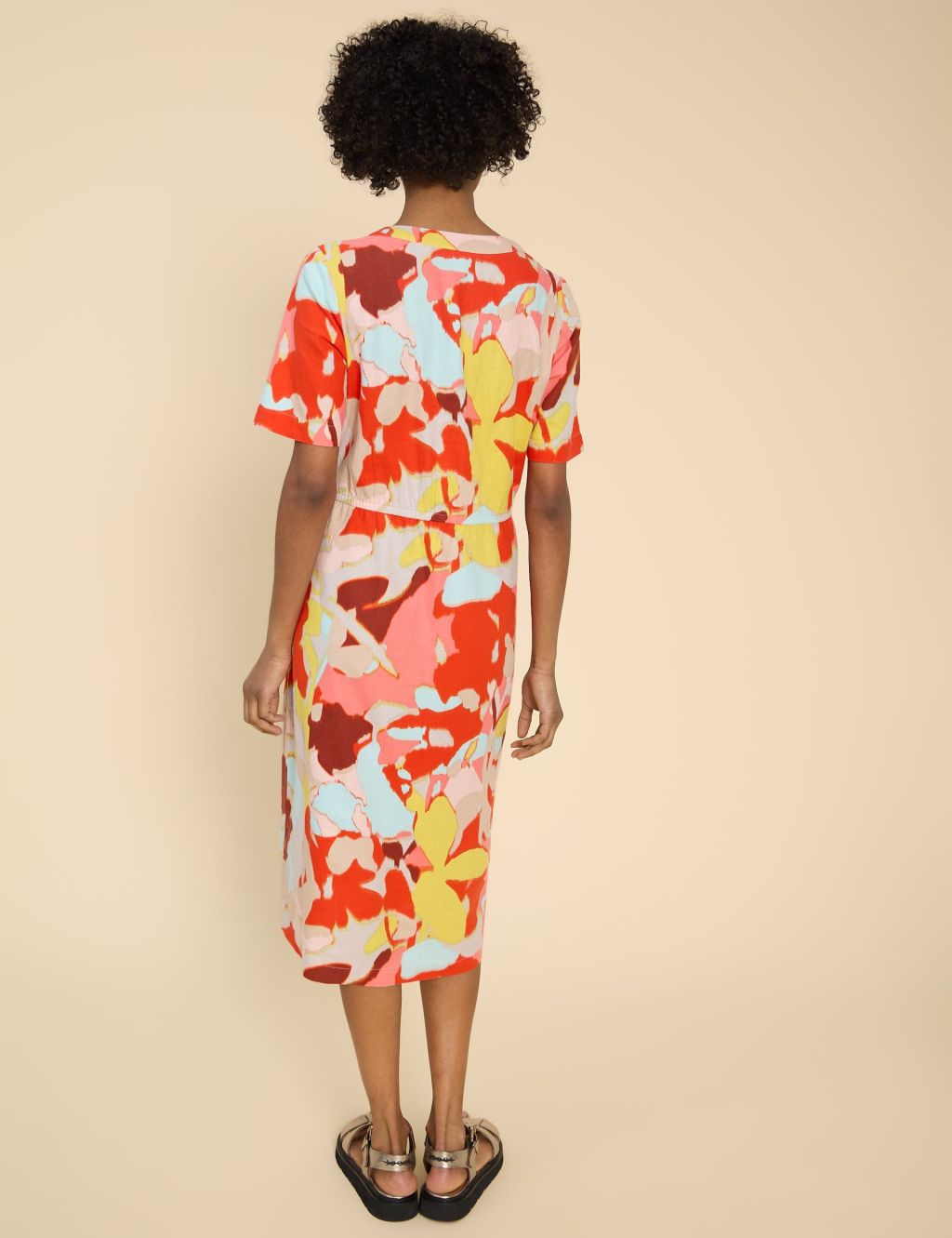 Linen Rich Printed V-Neck Midi Waisted Dress 2 of 6