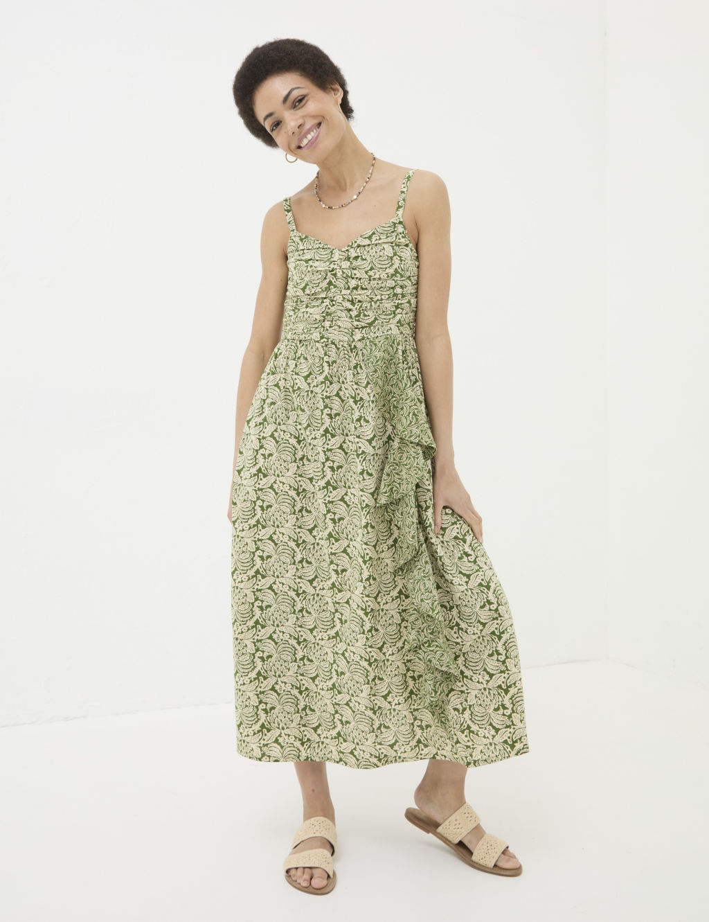 Linen Rich Floral Square Neck Midi Dress