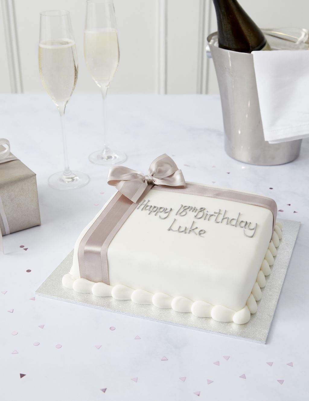Personalised Celebration Sponge Cake with Silver Ribbon (Serves 30)