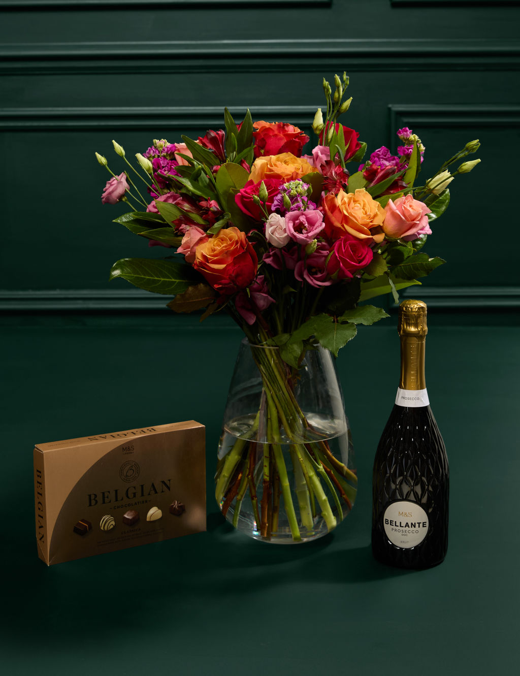Roses, Lisianthus & Stock Bright Bouquet With Belgian Classics & Prosecco