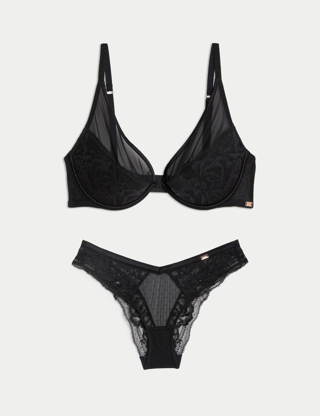 Sheer and Lace Beau Wired Plunge Bra Set A-E 1 of 6