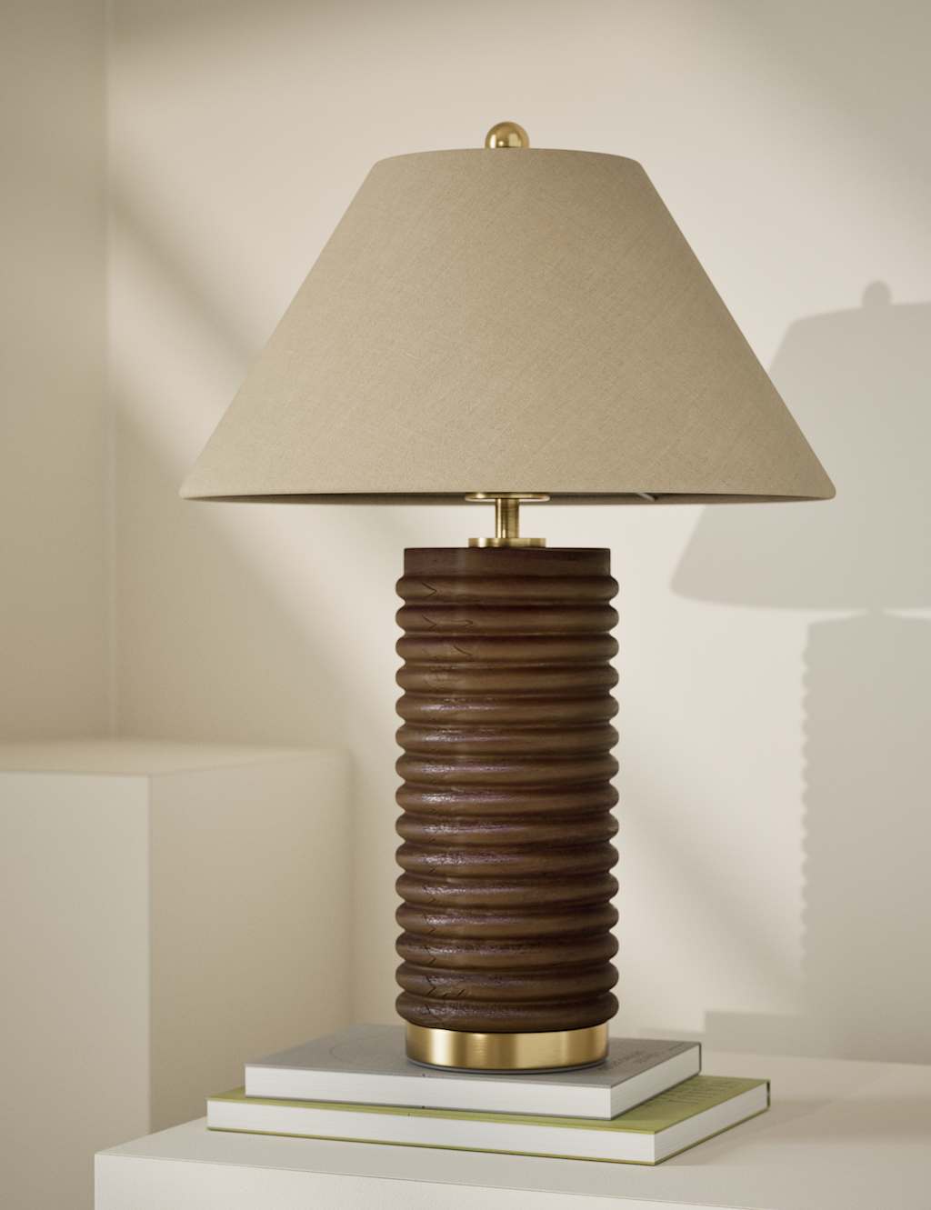 M&S Wooden Ribbed Table Lamp Brown