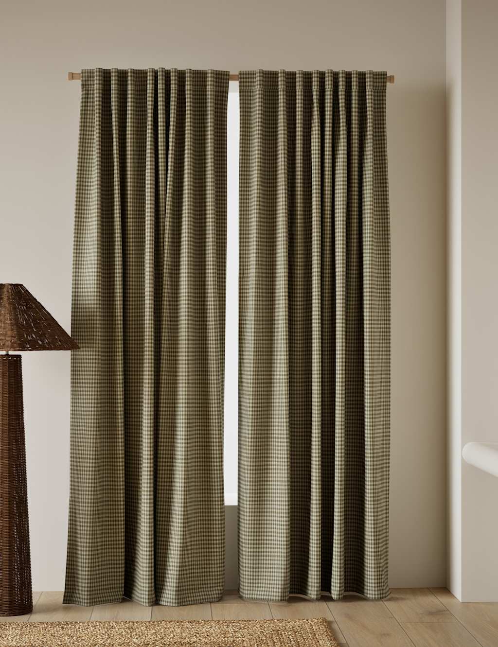 M&S Pure Cotton Gingham Semi-Sheer Multiway Curtains Olive