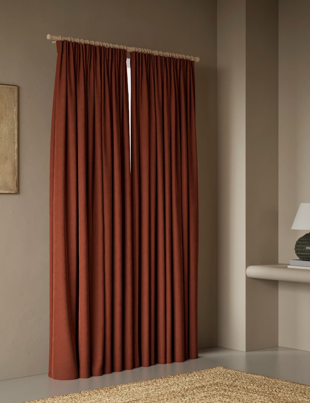 M&S Velvet Pencil Pleat Curtains - W218cm, Drop 137cm - Chestnut