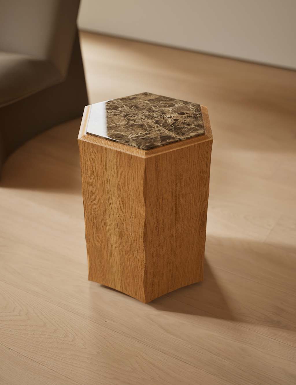 M&S Hex Marble Top Side Table - Dark Honey