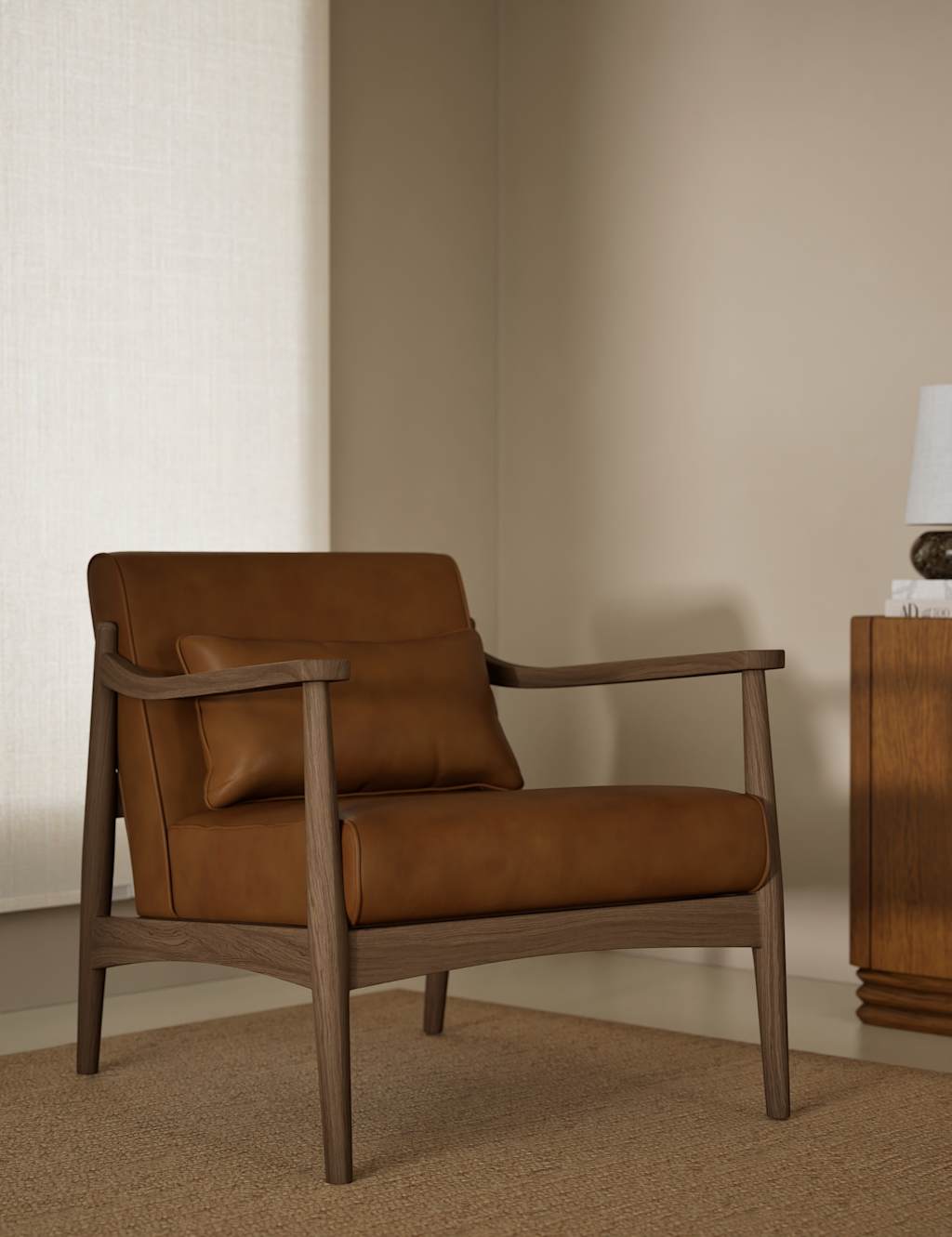 M&S Sherwood Dark Oak Leather Look Chair Tan