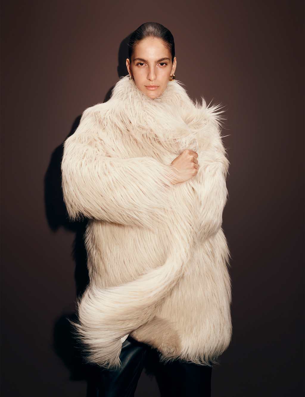 Autograph Faux Fur Collared Longline Coat Ivory