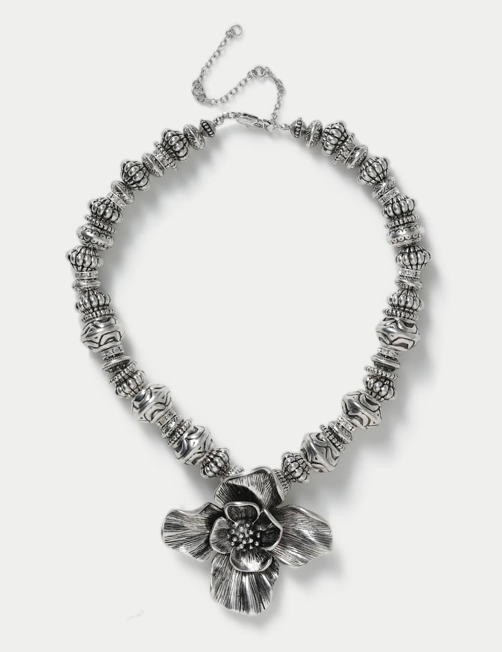 M&S Embossed Beaded Oversized Floral Necklace Silver